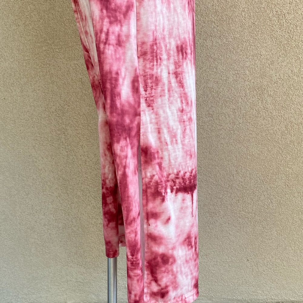 V Neck Short Sleeves Tie Dye Midi Dress w 2 Slits - Picture 3 of 5